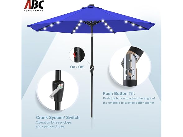 ABCCANOPY Durable Solar Led Patio Umbrellas with 32LED Lights 9FT (Blue)