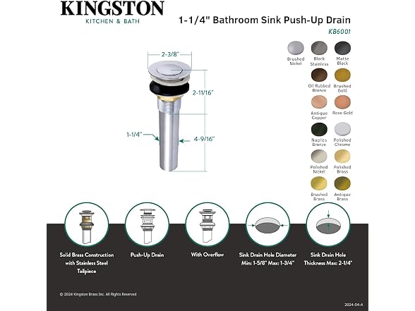 Kingston Brass Complement Bathroom Sink Drain, Brushed Brass