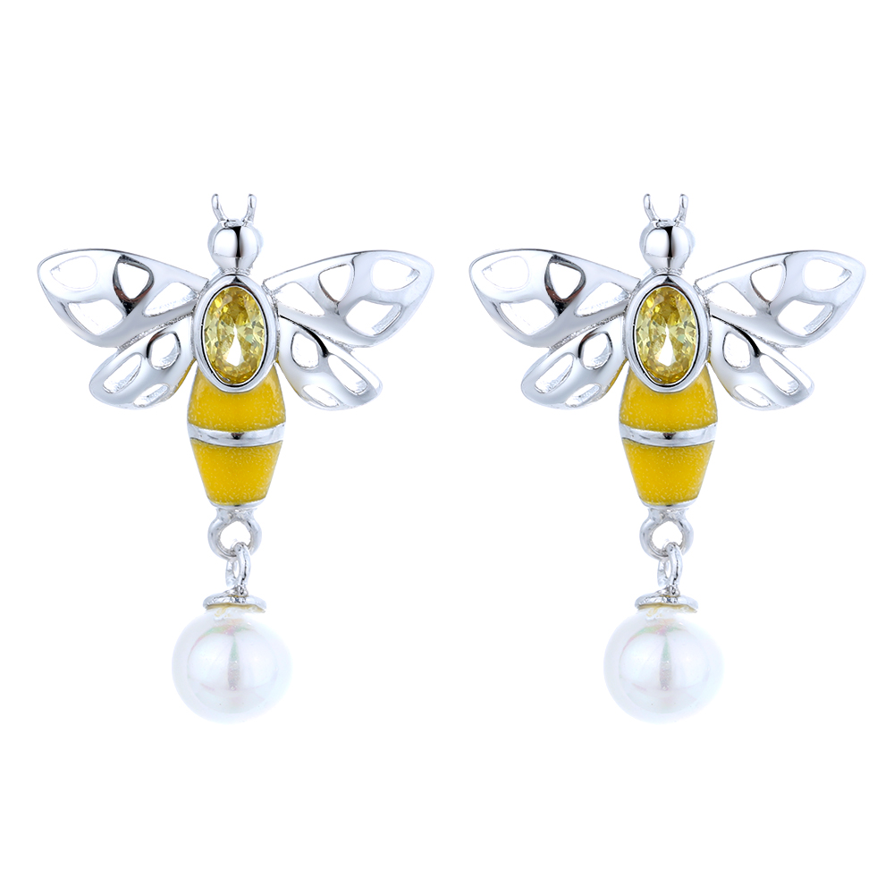 Crystal and Pearl Bee Earrings - Gallery 3