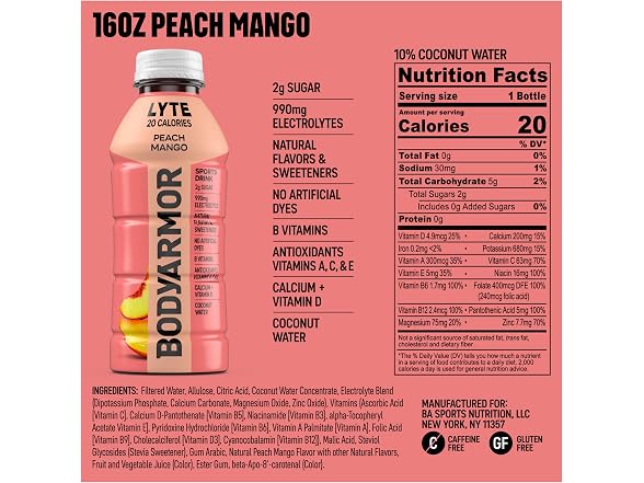 12Pk BODYARMOR LYTE, Peach Mango, Electrolyte