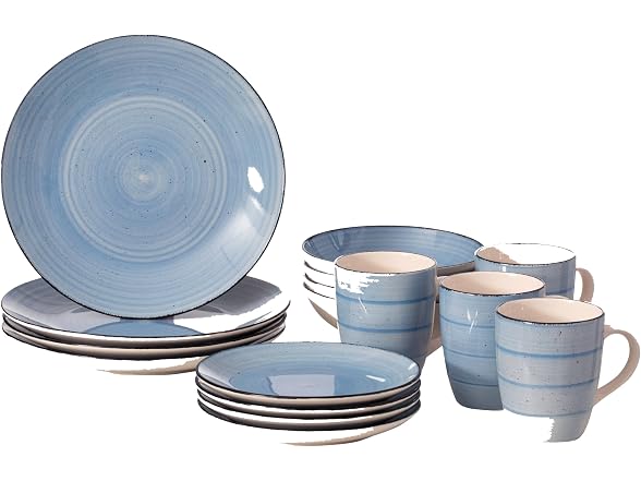64-Pc Dinnerware Set for 16 Swirl Glazed Finish Blue