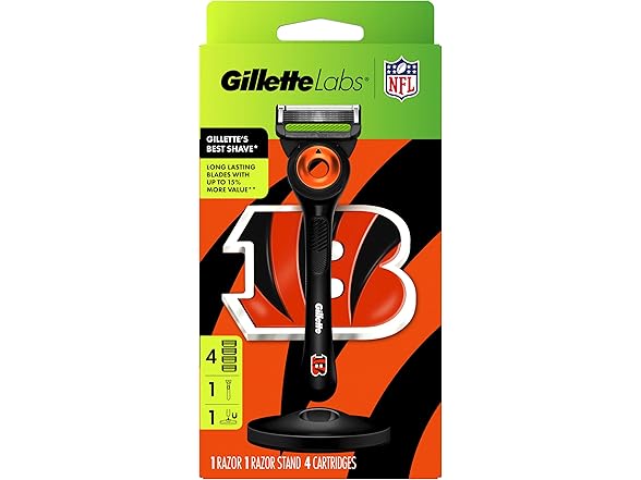 Gillette Labs Special NFL Bengals Edition Shaving Razor for Men - 1 Handle, 4 Razor Blade Refills & Magnetic Stand, GilletteLabs with Exfoliating Bar