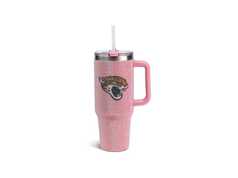 The Memory Company Officially Licensed 40oz Pink Game Day Bling Stainless Steel Tumbler - Premium Insulated Double-Wall Travel Cup With Handle and Straw Lid