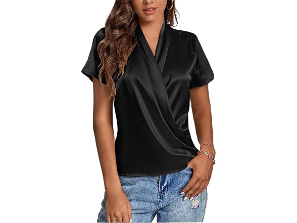 Lyaner Women (XL) Satin Silk Wrap V Neck Short Top