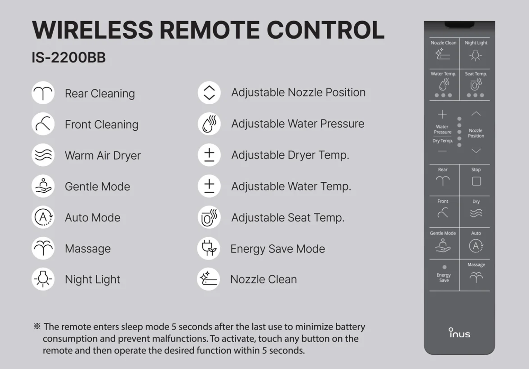 Inus IS-2200BB Electronic Bidet - Slim Remote & V-Clean - Gallery 12