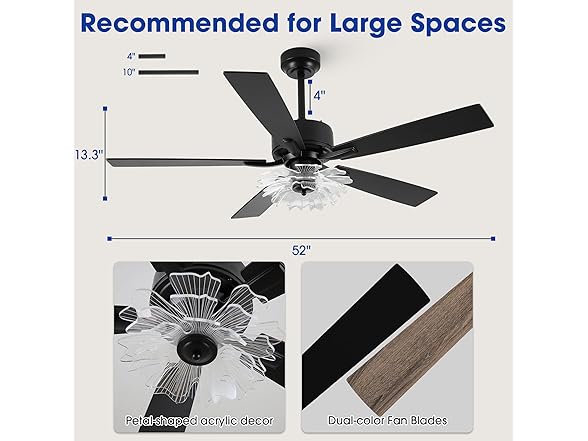 Parrot Uncle F6035BK 52 Inch Ceiling Fan with Lights and Remote