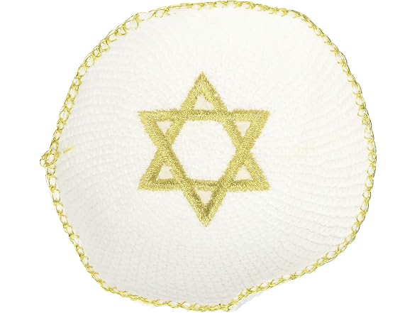 17 cm. White Wool Knitted Kippah with Gold - Gallery 3