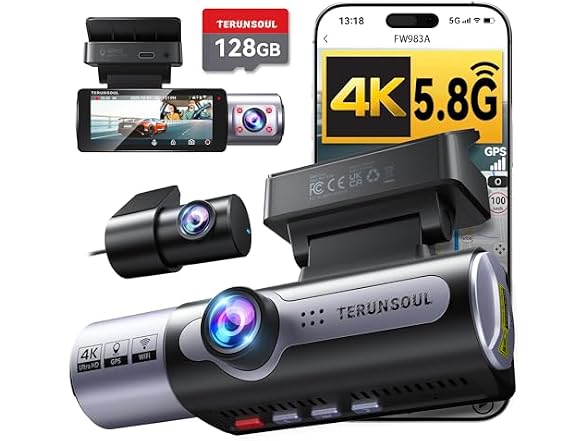 TERUNSOUI 4K+4K+1080P 3-Channel Dash Cam