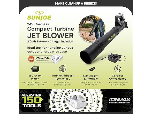 Sun Joe 24V-TB-LTE Cordless Turbine Jet Leaf Blower
