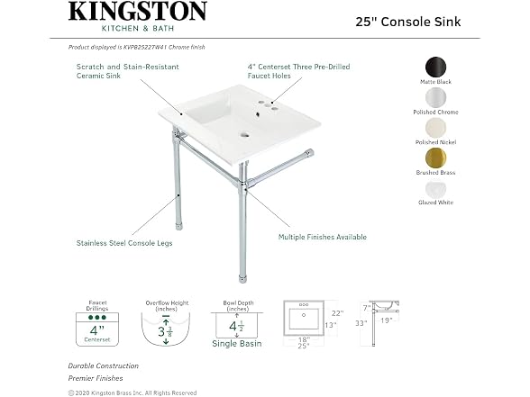 Kingston Brass 25" Ceramic Console Sink, White/Brushed Brass