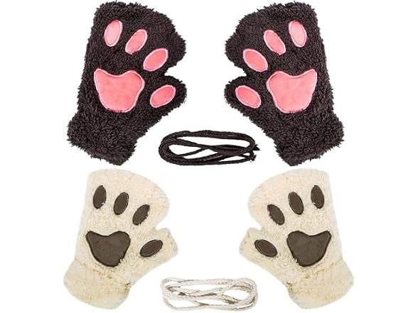2 Pairs Womens Cat Paw Gloves Winter