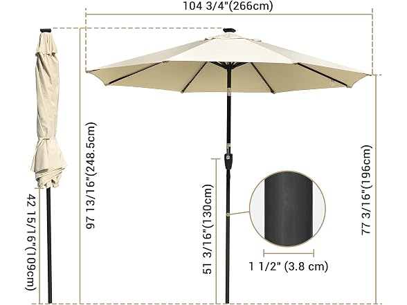 Yescom 9' Outdoor Solar Powered LED Umbrella 8 Rib