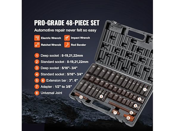 VEVOR 48 Piece 3/8" Drive Impact Socket Set