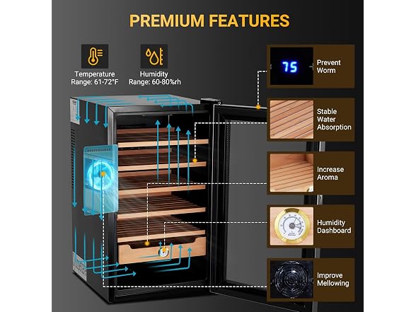 70L Electric Cigar Humidor Cabinet Cedar Shelves