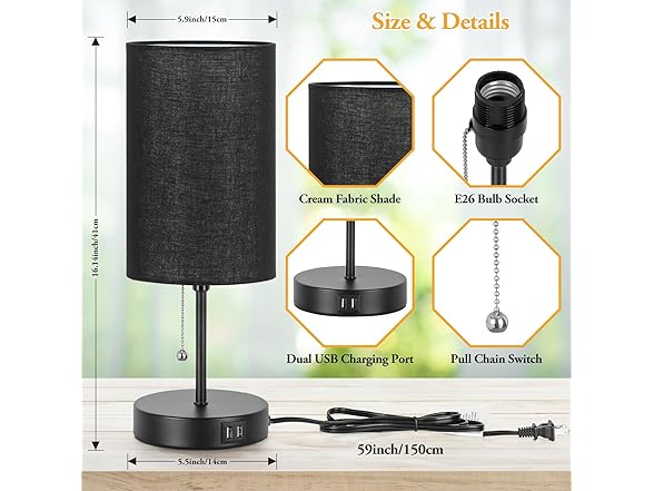 Set of 2 Table Lamps with 2 USB Ports