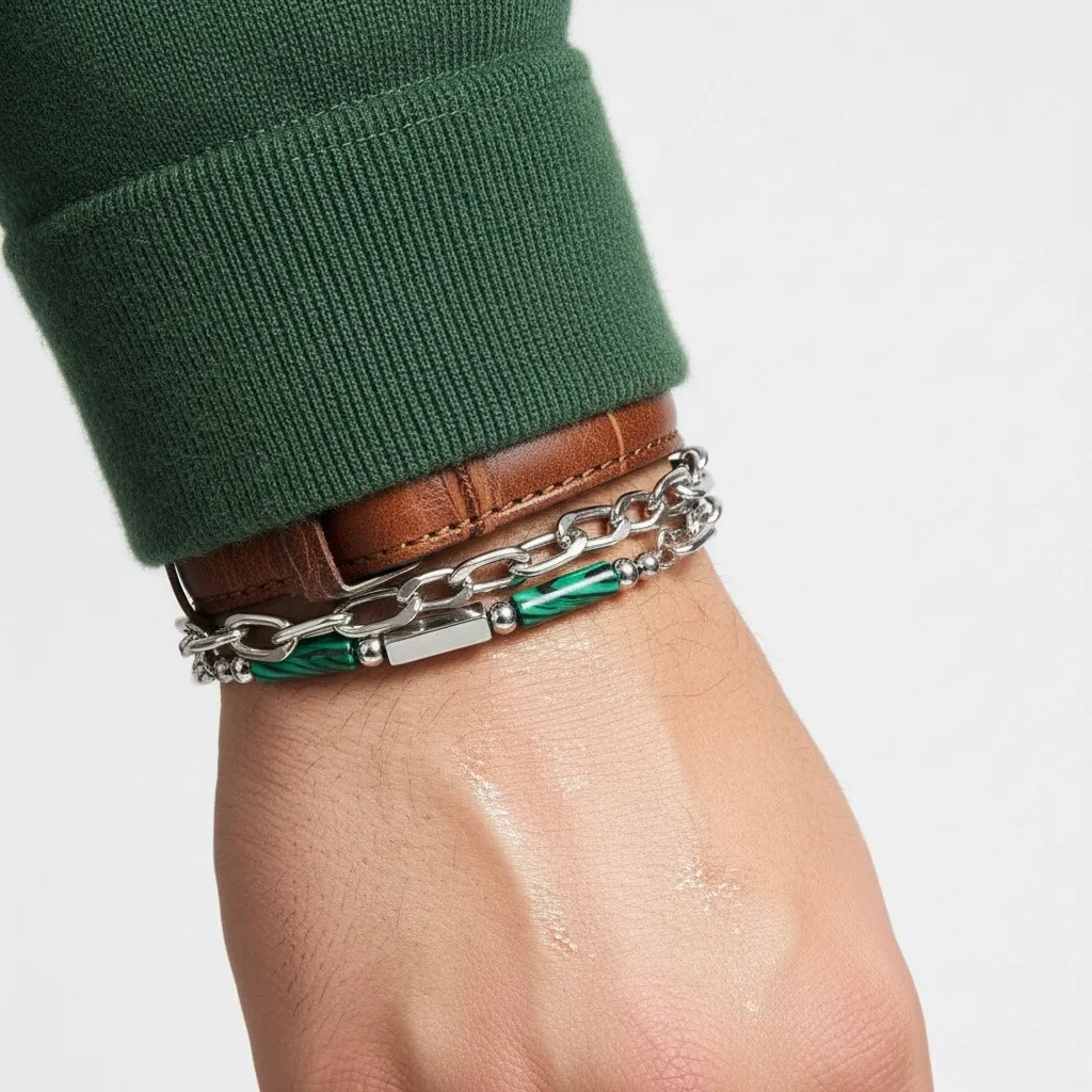 Mens Curb Chain & Bead Bracelet - Gallery 13