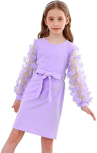 Girl's Puff Long Sleeve Dress With Belt