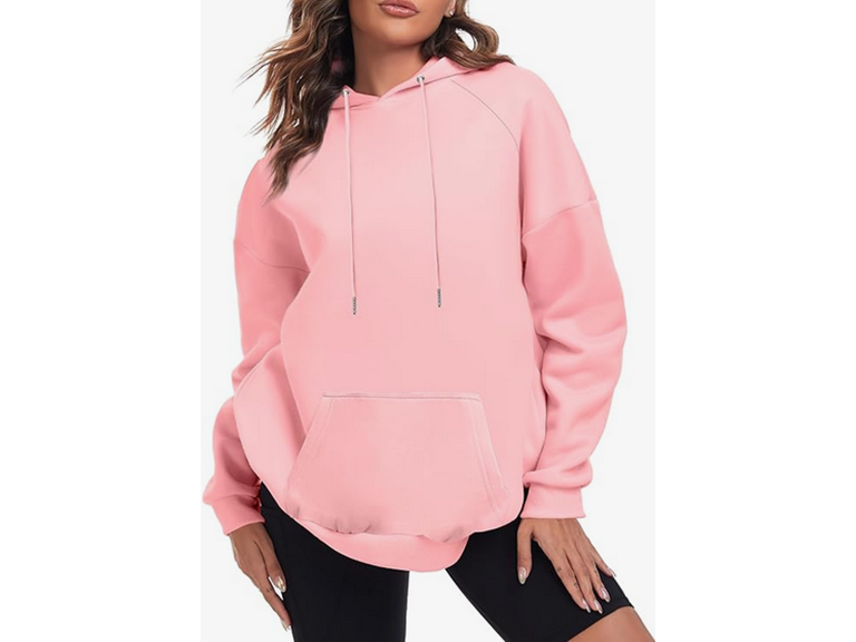 FKEEP Oversize Hoodies Women Fleece Crewneck Sweatshirt Casual Long Sleeve Pullover Tops with Pockets(Pink,Small)