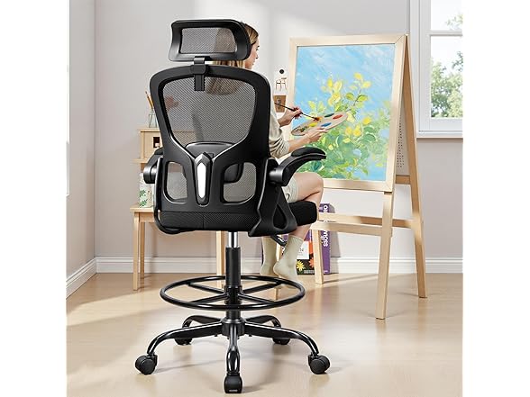FINATI Drafting Chair, Tall Office Chair for Standing Desk, Ergonomic High Back with Headrest, Lumbar Support, Foot Ring and Flip-up Armrests, Black (Open Box)