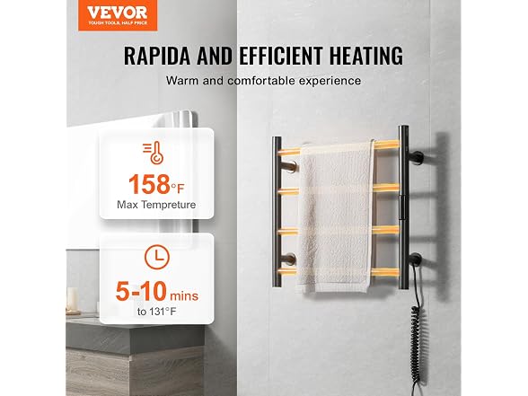 VEVOR 4 Bars Towel Warmer Rack, Wall