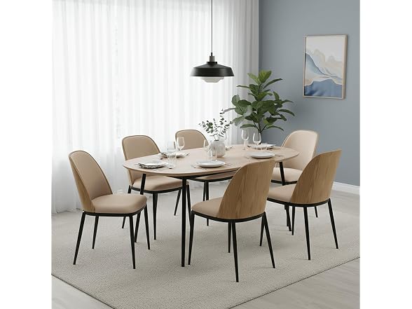 LeisureMod TCNW18BG Tule Dining Chair Natural Wood/Beig