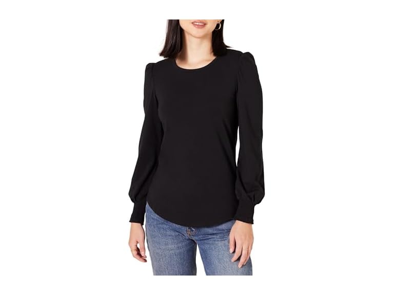 Amazon Essentials Women's Long-Sleeve Crewneck Smocked Cuff T-Shirt, Black, Large