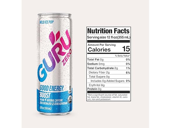 12PK GURU ZERO SUGAR Organic Energy Drinks Variety