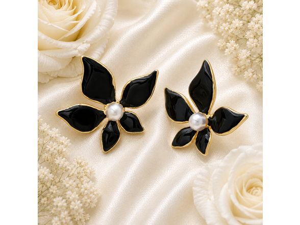 18K Gold Black Flower Pearl Studs