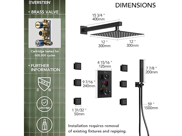 EVERSTEIN SFS-1014 12" Shower System -Choose Color