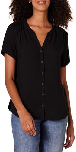 Amazon Essentials Women's Relaxed-Fit Short-Sleeve Woven Blouse, Black, X-Large