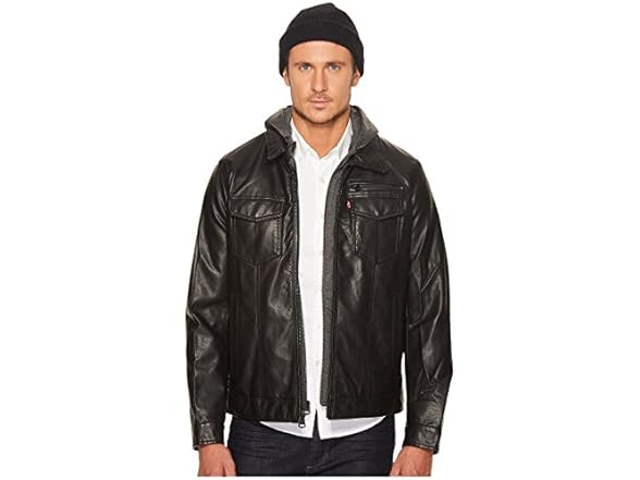 Levi's Faux Leather Trucker with Jersey Hood and Fleece Lining Black XL
