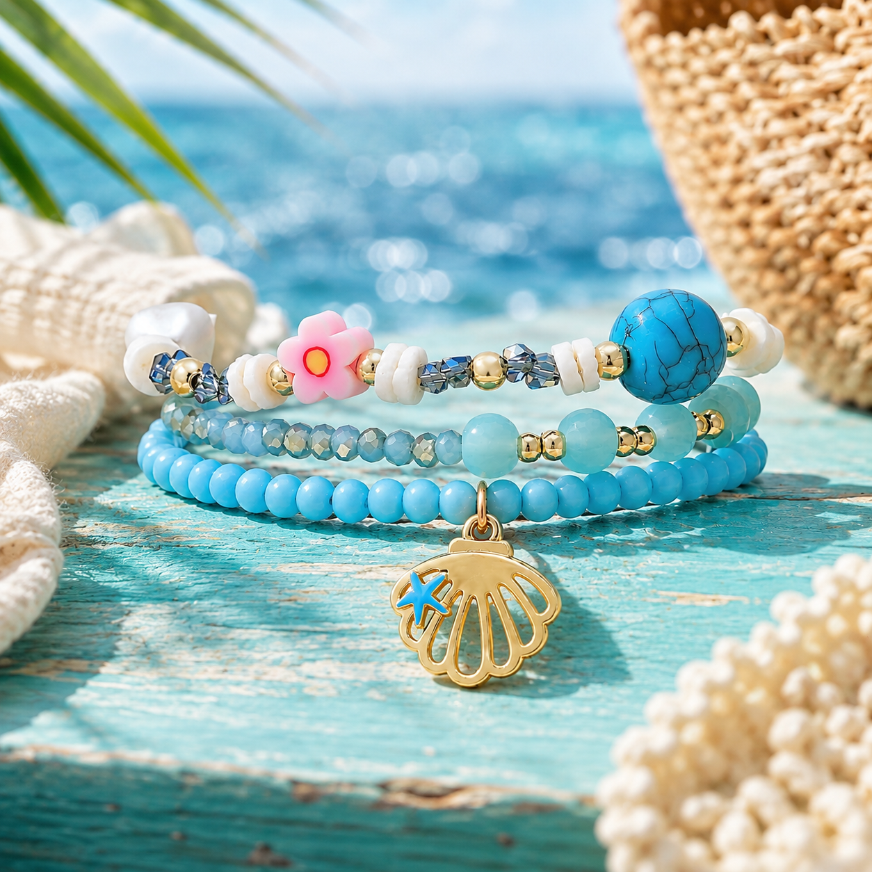 Stretch Beaded Bracelet Stack with Seashell Charm - Gallery 6