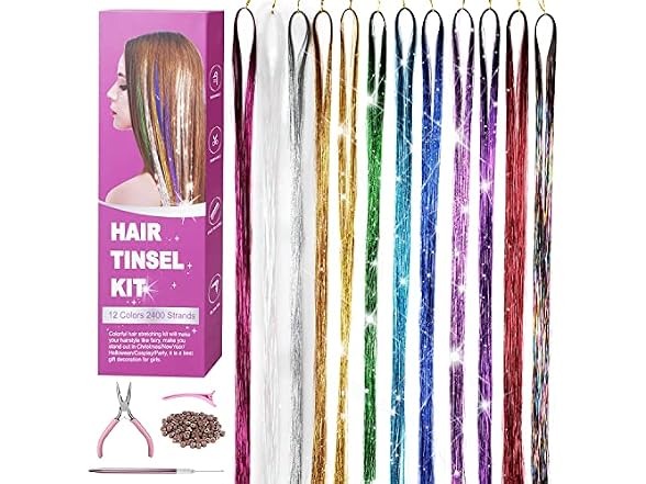 FEENGYU Hair Tinsel Kit, 2400 Strands 12 (47 in)