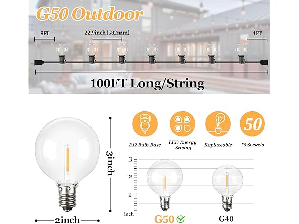 Bosceos 100FT Outdoor G40 String Lights