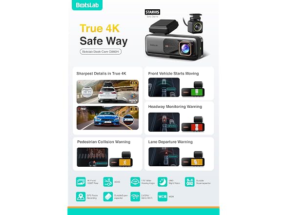 BOTSLAB 4K Dash Cam Front and Rear (No