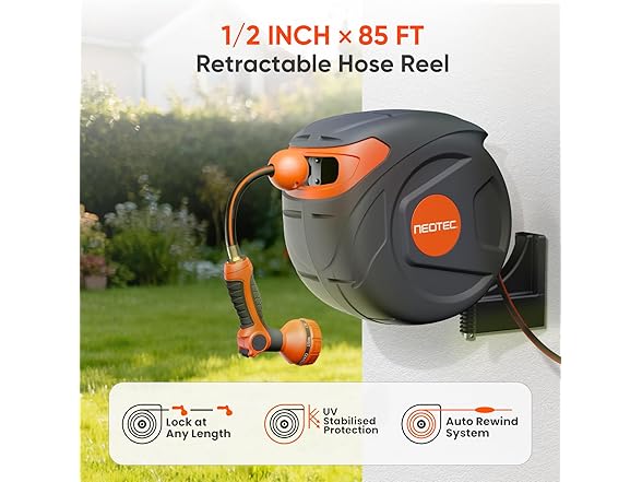 NEOTEC Retractable Garden Hose Reel 1/2 in x 65 Ft Wall Mounted, Lightweight & Durable, 9-Function Sprayer Nozzle, Any Length Lock, Slow Return & 180° Swivel (Open Box)