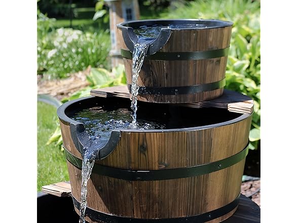 Sunnydaze 3-Tier Wood Barrel Water Fountain