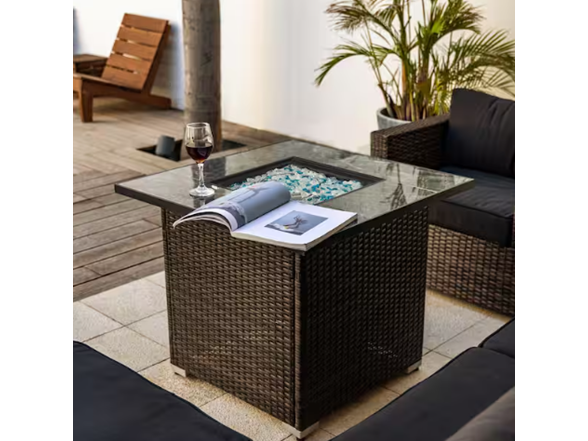 30" Brown Wicker Fire Table + Lid & Cover