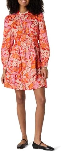 Amazon Essentials Women's Regular-Fit Cotton Sateen Tiered Shirt Dress, Bright Poppy Red Blush Multi Folk Floral, Large