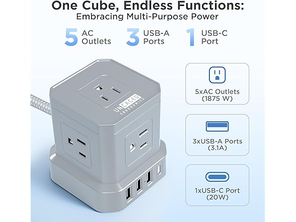 10ft Cube Power Strip with USB Gray