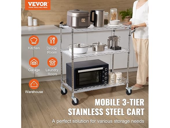 Kitchen Utility Cart, 3 Tiers, Wire Liner