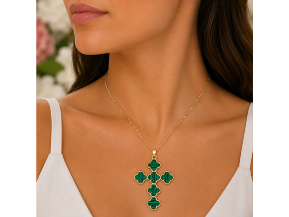 Gold Plated Green Clover Cross Pendant