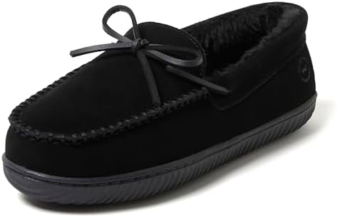 Dearfoams Men's Suede Slip On Moccasin Indoor Outdoor Memory Foam Hudson House Slippers, Black 2, 13