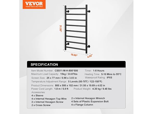VEVOR 8 Bars Towel Warmer Rack, 120V