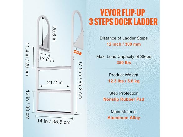 Dock Ladder, Flip-Up 3 Steps, 350 lbs Load