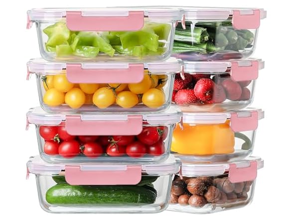 HOMBERKING 8-Pk 36oz Large Glass Meal Prep Containers, Pink
