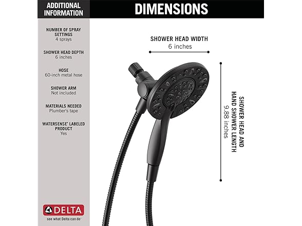 Delta 5-Setting Matte Black Shower Head, 6" Round
