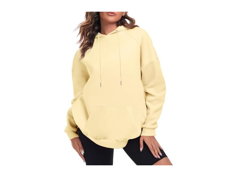 FKEEP Oversize Hoodies Women Fleece Crewneck Sweatshirt Casual Long Sleeve Pullover Tops with Pockets(Apricot,Small)