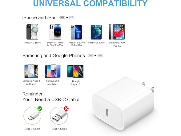 (3 PACK) STAMISH 20W USB-C Charger Block & 6FT Cables