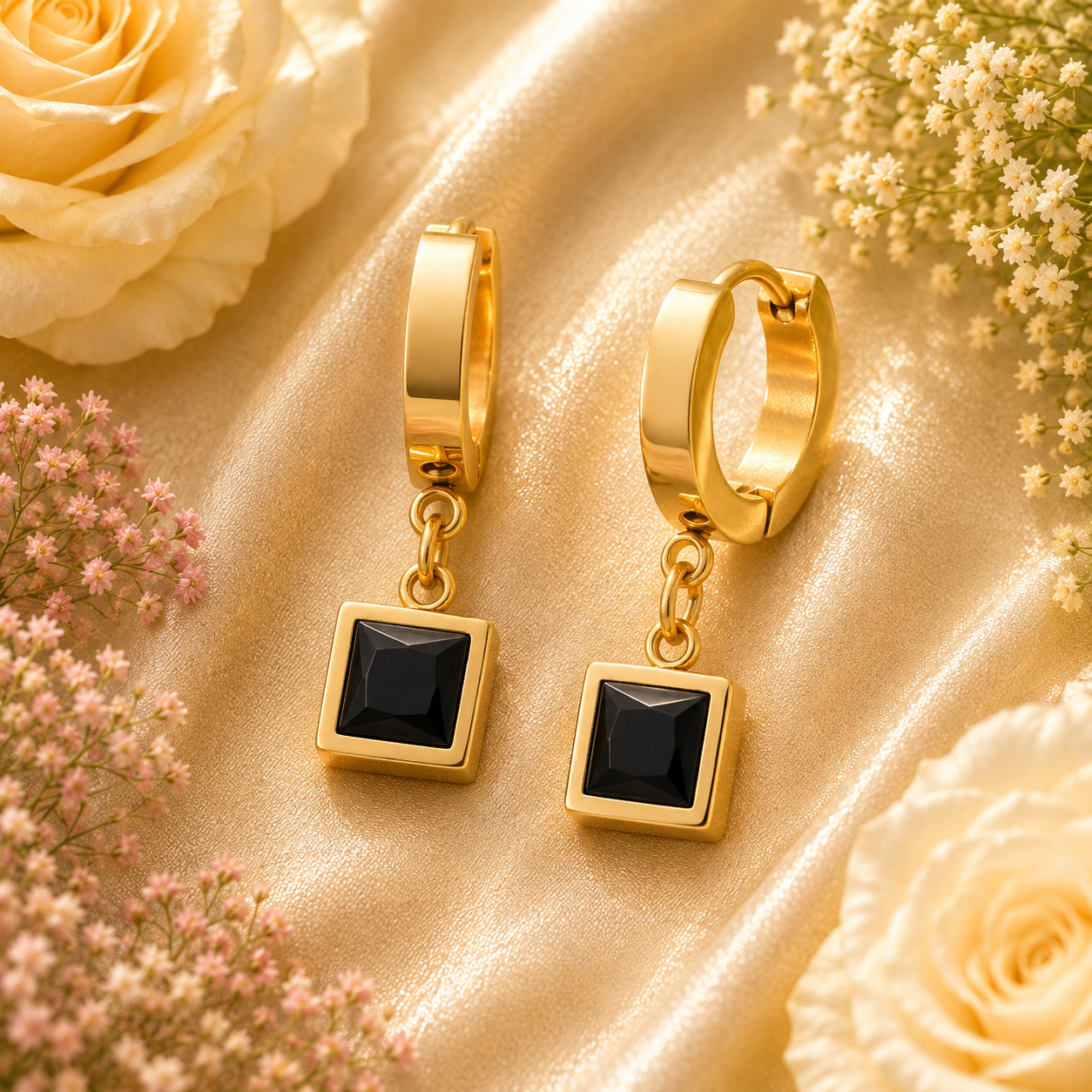 18K Gold Black Square Stone Huggies - Gallery 6